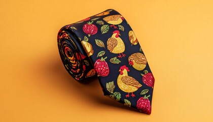 A stylish tie featuring vibrant rooster and fruit patterns on a navy background, perfect for unique fashion statements.
