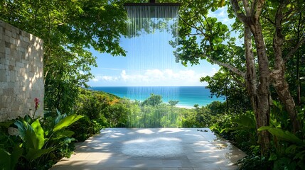 Luxurious outdoor shower overlooking a stunning ocean view surrounded by lush greenery promoting relaxation and indulgence