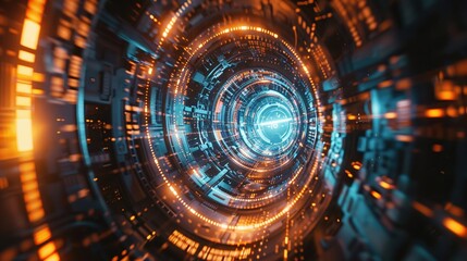 Delve into the complexities of time travel paradoxes with a captivating design Show a dynamic low-angle view of a time machine surrounded by swirling 