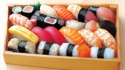 Assorted Sushi Nigiri in Wooden Box   Japanese Cuisine  Seafood  Traditional Food