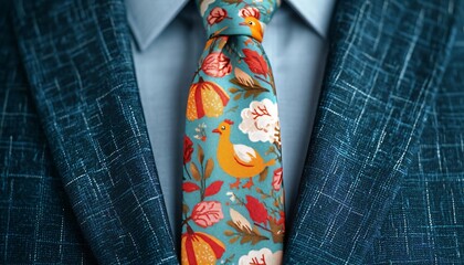 A vibrant floral tie worn over a stylish blue suit, perfect for adding a touch of elegance and color to formal outfits.