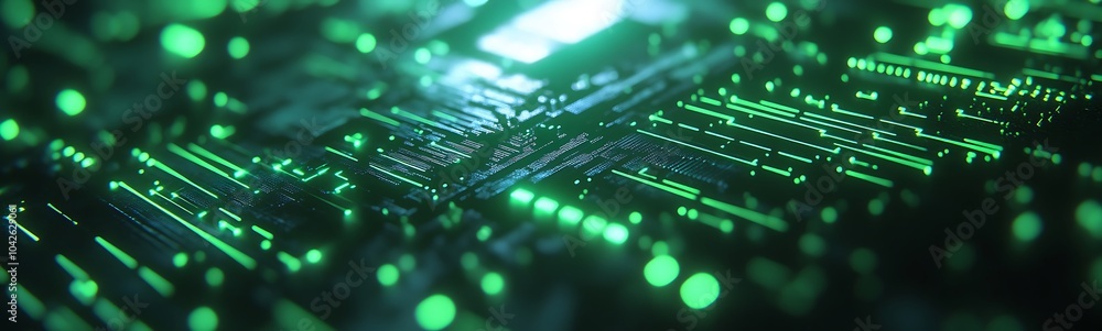 Poster a close-up view of a glowing green circuit board showcasing intricate details, vibrant lights, and a