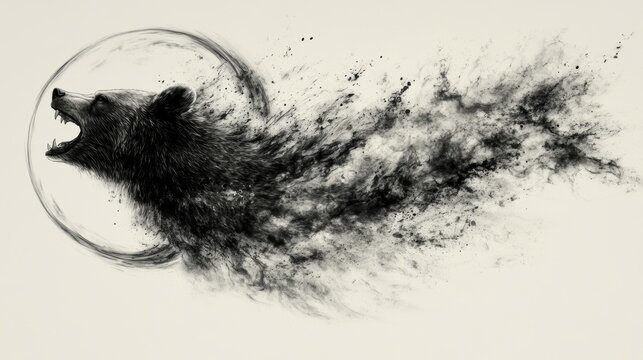 Roaring Bear Disintegrating Into Dust   Abstract Black And White Animal Art
