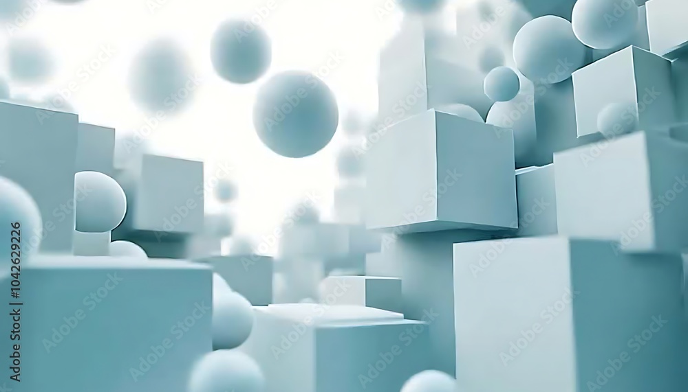 Fototapete a serene digital landscape featuring soft blue spheres and cube shapes, creating a 3d abstract envir