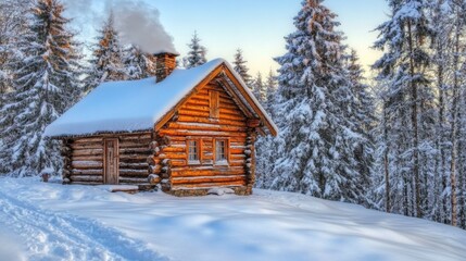 Naklejka premium Cozy Wooden Cabin in Snowy Forest Winter Wonderland