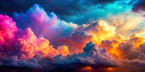 Colorful neon illuminated clouds in a stormy cumulus sky , abstract, background, rendering, vibrant, bright, colorful, clouds