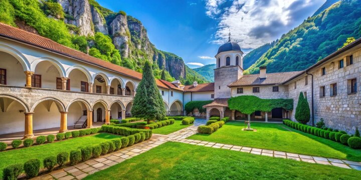 Picturesque courtyard of the monastery of Moraca with green grass lawn, monastery, Moraca, courtyard, picturesque, green