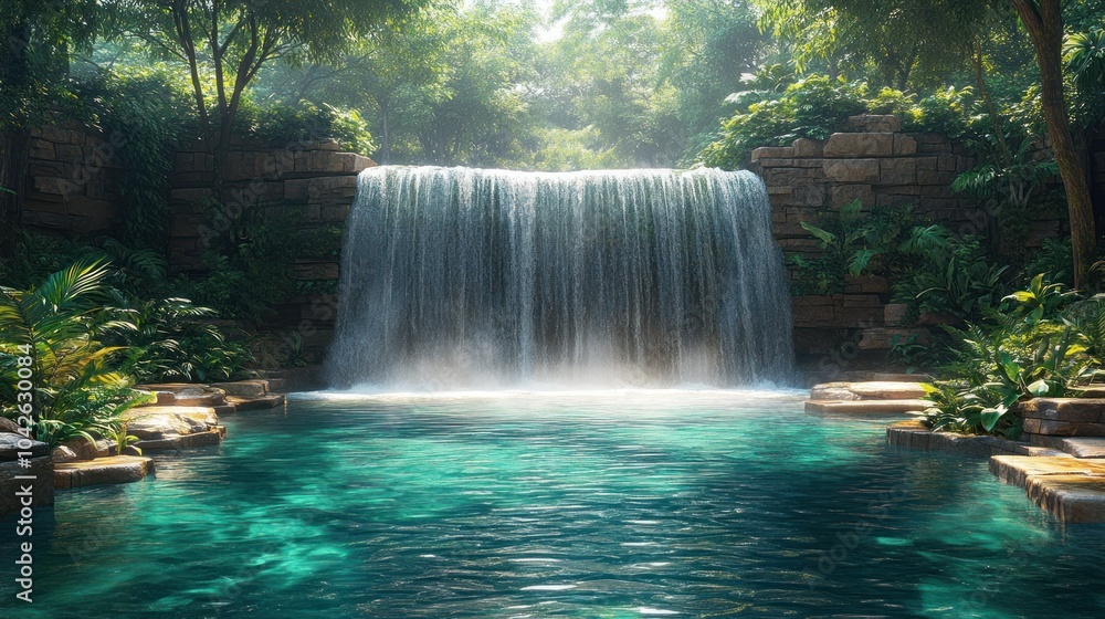 Poster serene waterfall cascading into a tranquil pool surrounded by greenery.