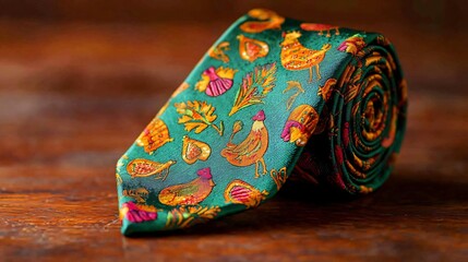 Colorful necktie with a vibrant pattern of fruits and vegetables, perfect for adding a unique touch to any outfit.