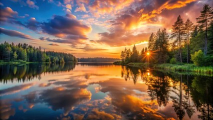 Obraz premium A beautiful sunset over a calm lake in the forest, sunset, lake, forest, nature, tranquil, serene, scenery, reflection, water