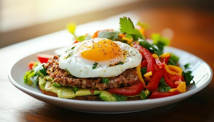 Delicious plate featuring fresh vegetables, a grain patty, and a perfectly fried egg.