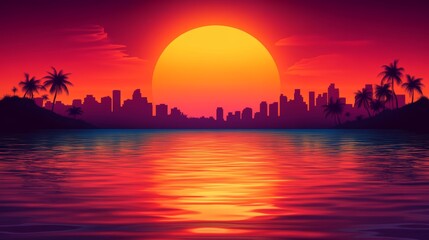 Sunset Cityscape with Palm Trees and Ocean Reflection