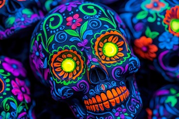 Fototapeta premium Colorful sugar skulls adorned with floral designs, perfect for celebrating Dia de los Muertos in vibrant artistry.