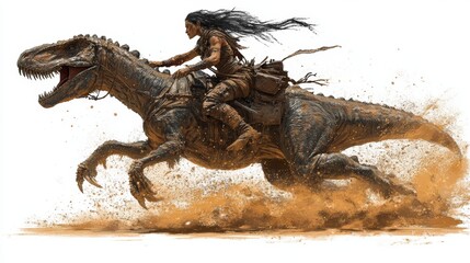 Obraz premium Woman Riding Dinosaur Action Adventure Fantasy White Background