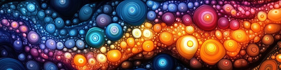 Abstract colorful pattern of circles and waves in vibrant hues.