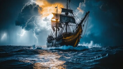 Obraz premium Dramatic Sailboat on the Ocean During a Thunderstorm
