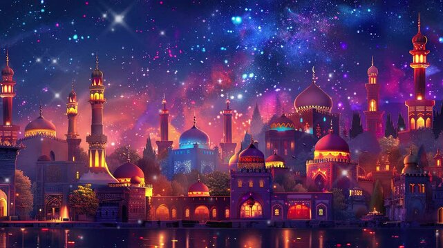 A lantern illuminating the night sky over an ancient city with minarets and domes glowing in vibrant colors of reds, oranges, blues, and purples
