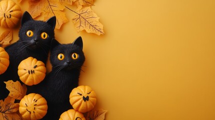 Halloween Cats with Pumpkins and Autumn Leaves