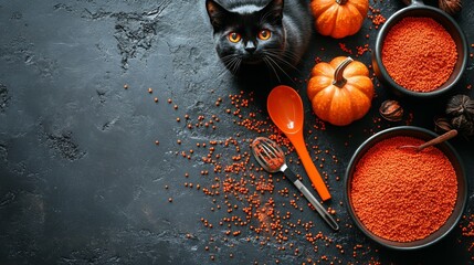 A spooky Halloween kitten, dressed as a witch, sits on a table with a jack-o-lantern