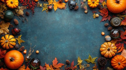 Autumn Harvest with Pumpkins and Colorful Leaves