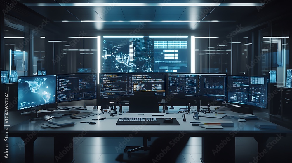 Poster A high-tech control room featuring multiple monitors displaying data, evoking a futuristic, cybernetic environment.