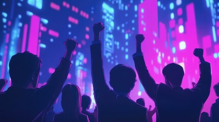 Silhouettes of People Cheering Against a Background of Blurry Neon Lights