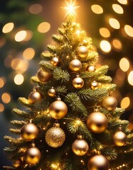 A beautifully lit Christmas tree with golden lights and shiny baubles at a festive celebration. Generative AI