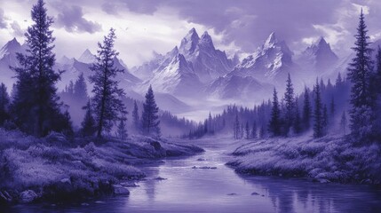 Fototapeta premium A serene landscape with a winding river flowing through a valley surrounded by snow-capped mountains and a misty forest.