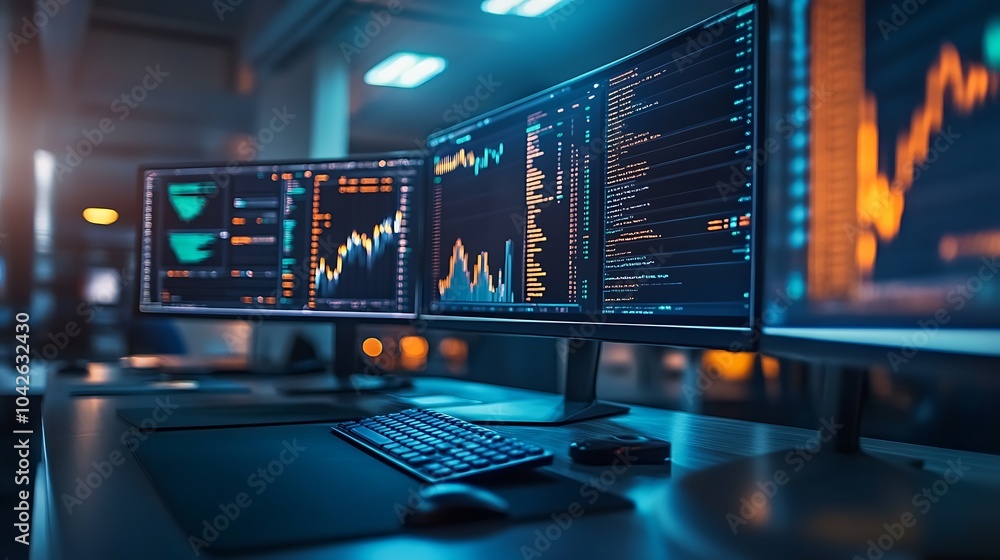 Fototapete A modern trading setup featuring multiple screens displaying financial charts and data in a dimly lit environment.