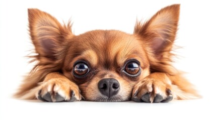 Obraz premium A close-up of a Chihuahua resting its head on a surface, looking curiously at the viewer.