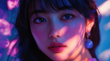 Fototapeta premium Close-up Portrait of a Young Woman with Pink and Blue Lighting