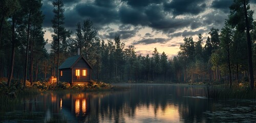 Fototapeta premium A tiny house in the middle of a forest, with a lake reflection