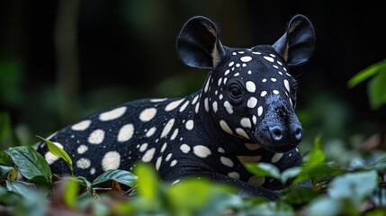Obraz premium A spotted animal resting among lush green foliage in a forest.