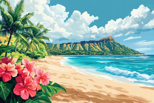 Waikiki beach illustration, honoulu hawaii seascape landscape background