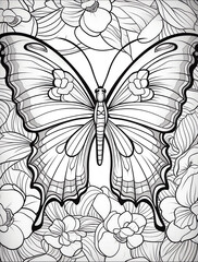Fototapeta premium Coloring page for adults, butterfly in flowers, clean line art style, thick lines