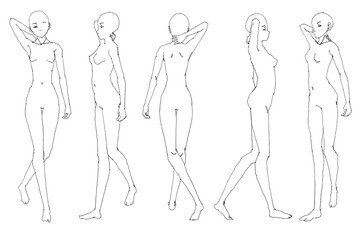 Stylized fashion female figure template, contour drawing for graphic design.