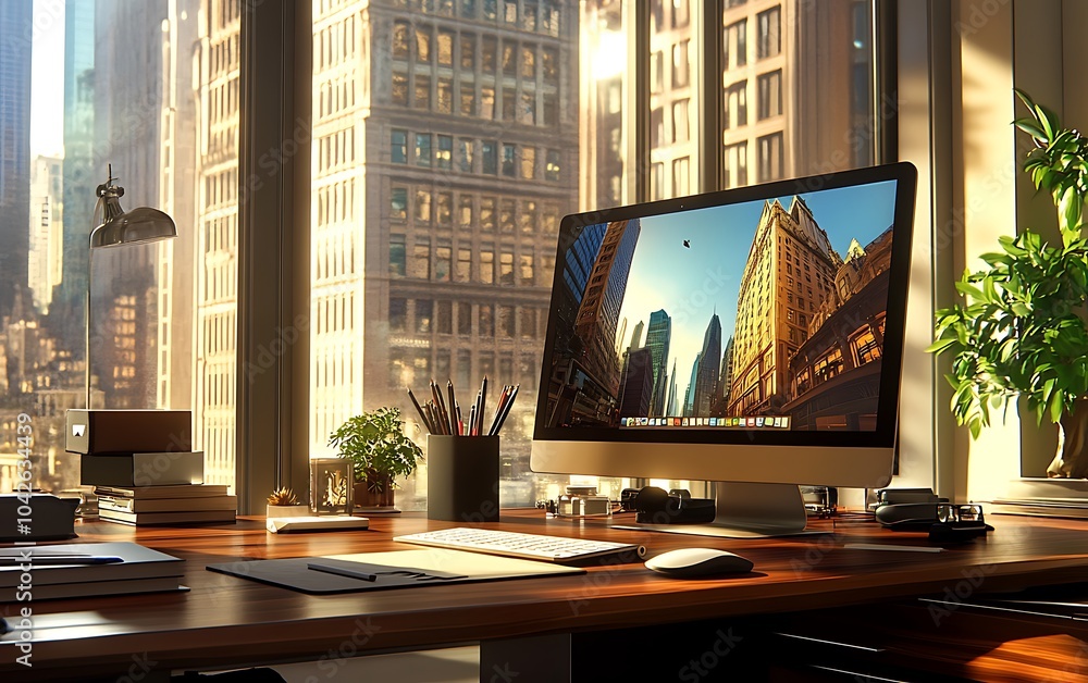 Poster a cozy modern workspace with a computer displaying a cityscape, surrounded by natural light and gree