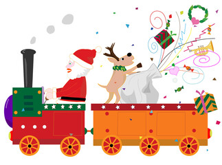 蒸気機関車に乗ってクリスマスを楽しんでいるサンタクロースとトナカイ。