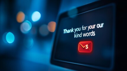 A digital screen displays a message of gratitude alongside an email icon, set against a blurred blue background.