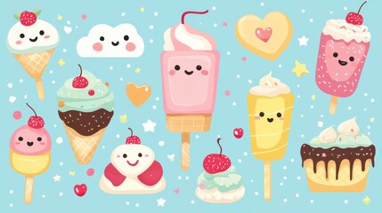 Cute Kawaii Ice Cream and Desserts Seamless Pattern on Blue Background