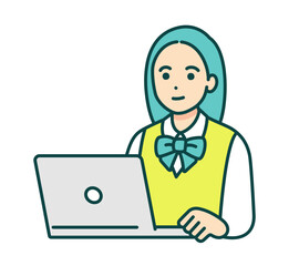 パソコンで勉強する女子高生。シンプルな女の子のベクターイラスト素材。