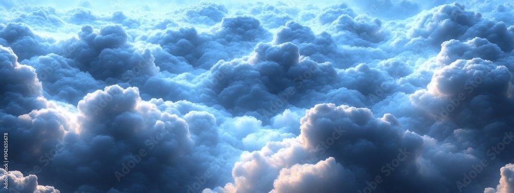 Poster a serene view of fluffy clouds illuminated by soft light, creating a tranquil atmosphere.
