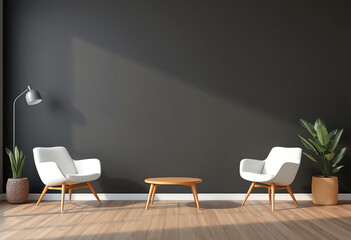 living room furniture with blank black wall copy space background concept.