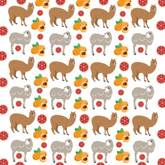 sheep, alpaca with fruit as a pattern background