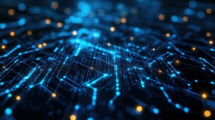 A digital network of interconnected lines and glowing nodes representing technology and data flow.
