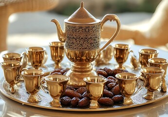 Fototapeta premium Arabic coffee service, with golden saucers and table setting with dates and dried fruits in small bowls around the teapot on top of a glass dining room table