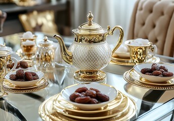 Fototapeta premium Arabic coffee service, with golden saucers and table setting with dates and dried fruits in small bowls around the teapot on top of a glass dining room table