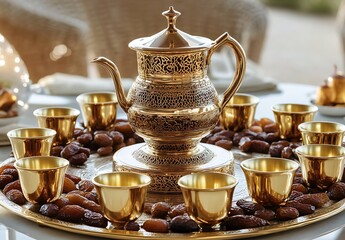 Fototapeta premium Arabic coffee service, with golden saucers and table setting with dates and dried fruits in small bowls around the teapot on top of a glass dining room table
