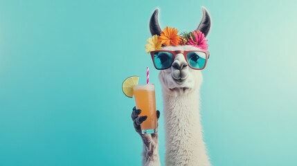 A llama wearing sunglasses and a flower crown holds a tropical drink, exuding a fun vibe.