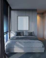 poster mockup in bedroom interior background. modern scandinavian style. 3d Rendering	